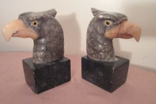 Pair Vintage Hand Carved Alabaster Stone Eagle Hawk Bird Figural Bookends