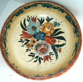 Large Vtg Norwegian Valdres Style Rosemaling Wooden Bowl 12 