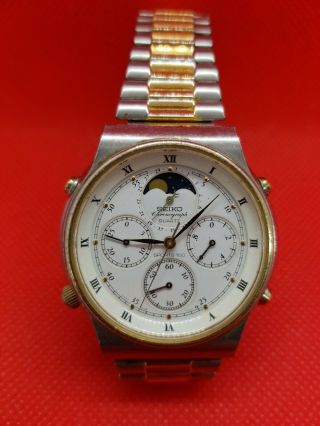Seiko 7a48 - 7009 Sports 100 Two - Tone Gold Stainless Steel Silver Moonphase Watch