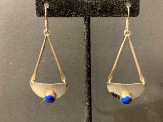 Vintage Sterling Silver Hook Dangle Round Lapis Lazuli Earrings 2 3/8 " Drop