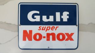 Vintage Gulf No - Nox Gas Pump Plate (single Sided Porcelain Sign)