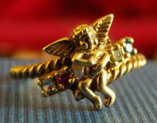 Vintage 10k Solid Gold Multi - Gemstone Guardian Angel Giggling Cherub Ring Sz 7