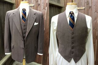 Vintage 1930s 1940s Brown Striped Wool 3 - Piece Suit,  Vest,  Pants 40s