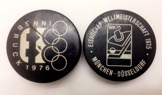 Rare 1976 Innsbruck Olympics & 1975 Iihf World Hockey Championships Game Pucks