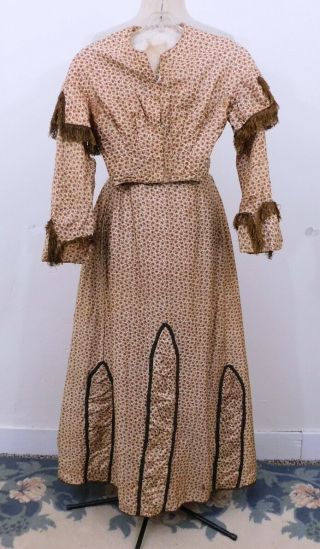 Antique Civil War Era 19th C.  Victorian Calico Cotton Fringe 2 Piece Dress