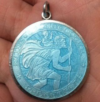 Vintage Sterling Silver Blue Enamel St.  Christopher Medal Pendant Charm