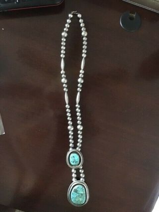 Vintage Native American Navajo 15.  5 " Sterling Slv Necklace W/2 Turquoise Stones