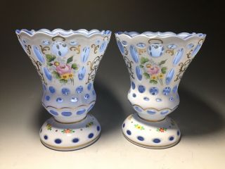 Vintage Bohemian Czech Cased Glass Vases White Overlay Cut To Blue