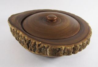 Vintage Japanese Hand Carved Bowl Wood Tree Bark Live Edge Lid Patina Signed