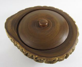Vintage Japanese Hand Carved Bowl Wood Tree Bark Live Edge Lid Patina Signed 2