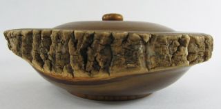 Vintage Japanese Hand Carved Bowl Wood Tree Bark Live Edge Lid Patina Signed 3