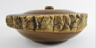 Vintage Japanese Hand Carved Bowl Wood Tree Bark Live Edge Lid Patina Signed 4