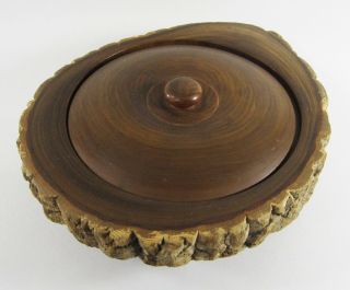 Vintage Japanese Hand Carved Bowl Wood Tree Bark Live Edge Lid Patina Signed 5
