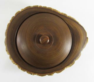 Vintage Japanese Hand Carved Bowl Wood Tree Bark Live Edge Lid Patina Signed 6
