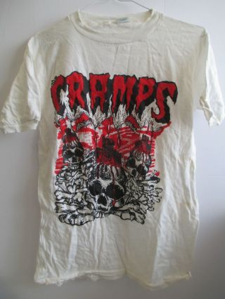 Vintage The Cramps Red White Black Skulls Blood Mens Large White T - Shirt