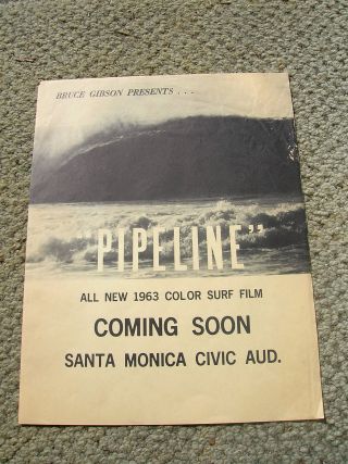 Vintage Surf Movie Poster Surfboard Surfing 1960s Surfer Pipeline Bruce Gibson