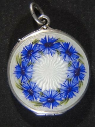 Vintage Sterling Silver Guilloche Enamel White & Blue Flowers Locket