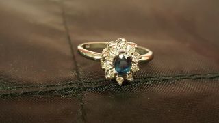 10k Solid White Gold Sapphire & Diamond Ring Size 7.  75 Vintage Estate