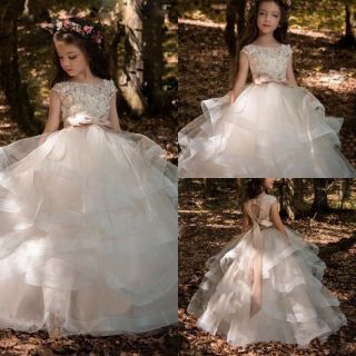Vintage Flower Girl Princess Wedding Dresses Blush Pink Bridal Gown Custom Made