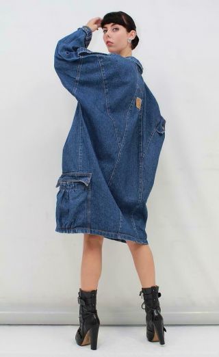 VINTAGE 90s Retro UNIQUE Dark Blue LONG DENIM Jacket Blazer Coat Size AUS 16 XL 2