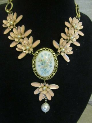 Vintage Enamel Flowers & Cameo Statement Necklace - A Repurposed Ooak