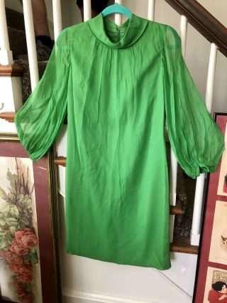 Vtg 60s Fresh Green Chiffon Mod Gogo Mini Party Dress S M 36