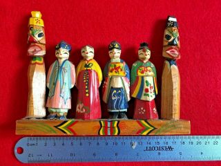 Vintage 1950s Korean Custom Hand Carved And Painted Seven Folk Dolls Korea