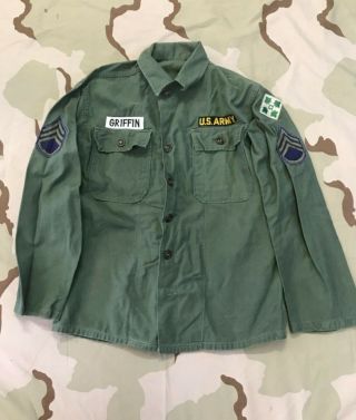 Us Army Og - 107 Shirt Cotton Vintage Fatigue 4th Id Ww2 Rank Patch Flat Buttons