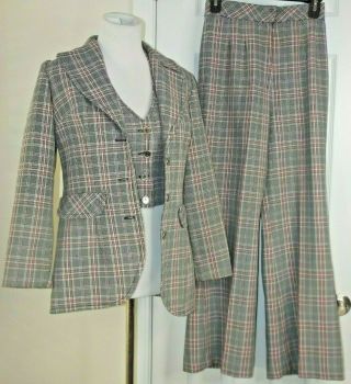 Country Set Union Made Vintage 3 Pc Pant Suit - Black Plaid Size S/m 60s 70s