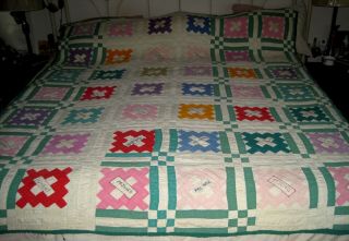 VTG/Antique Friendship Quilt Pink/Green Embroidered Name Hand Sewn/Quilted 84X73 3