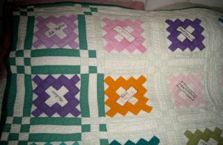 VTG/Antique Friendship Quilt Pink/Green Embroidered Name Hand Sewn/Quilted 84X73 4