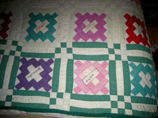 VTG/Antique Friendship Quilt Pink/Green Embroidered Name Hand Sewn/Quilted 84X73 5