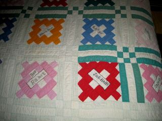 VTG/Antique Friendship Quilt Pink/Green Embroidered Name Hand Sewn/Quilted 84X73 6