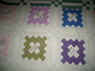 VTG/Antique Friendship Quilt Pink/Green Embroidered Name Hand Sewn/Quilted 84X73 7