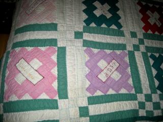 VTG/Antique Friendship Quilt Pink/Green Embroidered Name Hand Sewn/Quilted 84X73 8