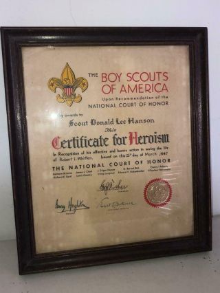 Vintage 1947 Boy Scouts Bsa National Court Of Honor Certificate Of Heroism Rare