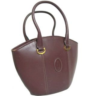 Vintage Auth Must De Cartier Hand Tote Bag Purse Bordeaux Leather