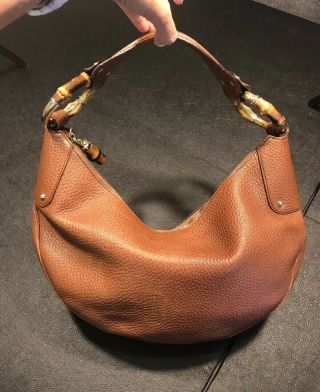 Gucci Vintage Pebbled Leather Rust Color Shoulder Bag,  Gold & Bamboo Accents