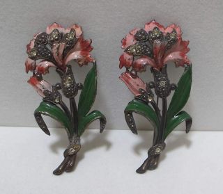 Vtg Old Matching Pair Large 3 - 3/8” Pot Metal Pink Green Enamel Paste Flower Broo