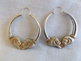 Vintage Sterling Silver 14k & Gold Tone Lion Head Hoop Earrings