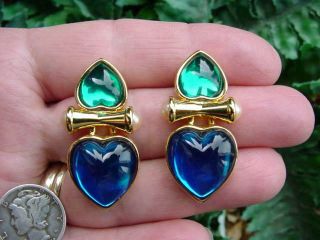 Joan Rivers - Green Blue Heart Shape Cabochon - Pierced Earrings W Faux Pearl