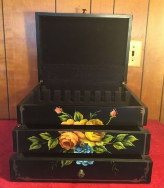 Vtg Wood & Brass Hand Painted Roses Silverware Flatware Storage Box Chest Wooden