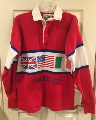 Vintage Dehen Long Sleeved Rugby Shirt Embroidered ‘walker Cup’ With Flags Large