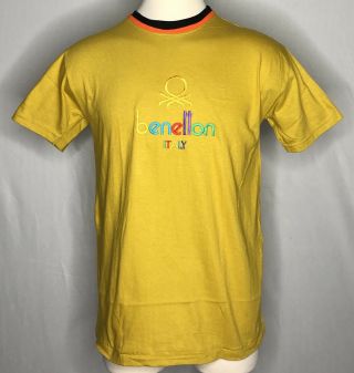 Vintage Benetton Italy Yellow Rainbow Embroidered Ringer T Shirt W/ Tags L