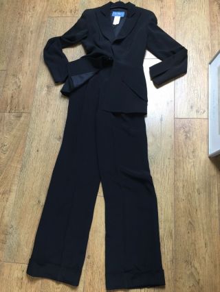 Thierry Mugler Couture Vintage Black Silk Suit Jacket Trousers 36 6 8 34 " Long