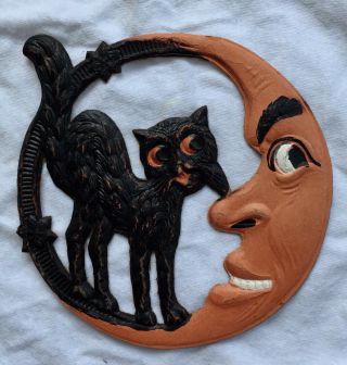 Hard To Find 5”,  1920s Vintage Halloween Black Cat & Moon Die Cut German Germany