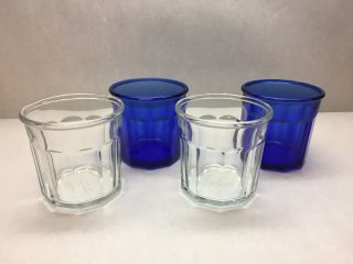 Vintage Set Of 4 2 Blue 2 Clear Made In France 500 Brand Drinking Glasses Retro