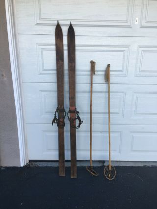 Great Vintage 70 " Long Wooden Skis With Finish And Old Poles