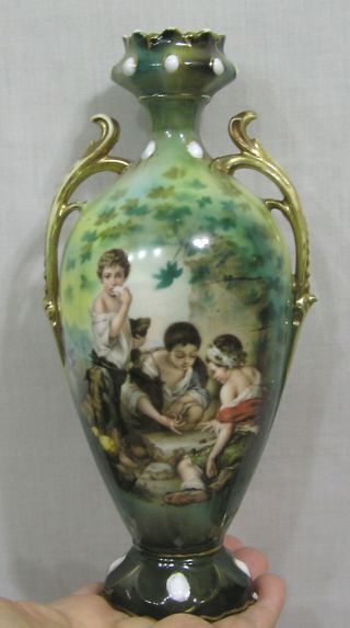 Vintage Rs Prussia Melon Eaters Jeweled Vase 8 3/4 "