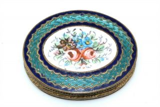 Vintage Guilloche Enamel Brass Floral Oval Snuff Box